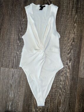 White Ribbed Twist-Front One-Piece